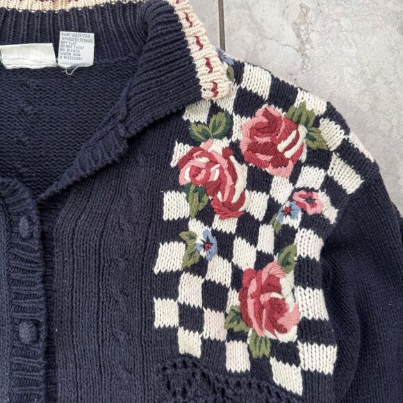 Vintage 90s Chunky Handknit Floral Sweater Cardigan Size L Womens - Picture 3 of 7